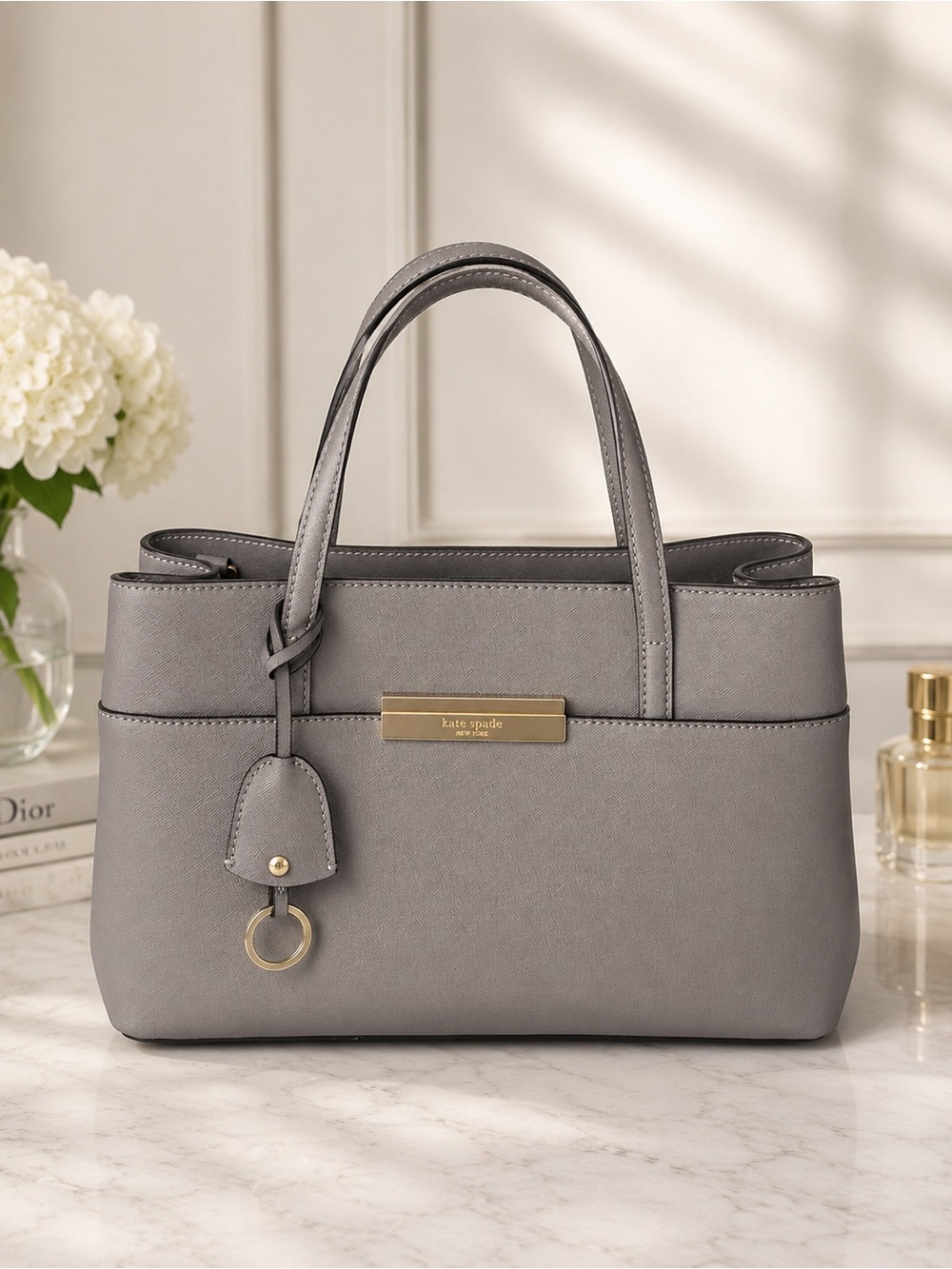 Kate Spade Gray Saffiano Leather Satchel Tote Shoulder Bag Gold Hardware